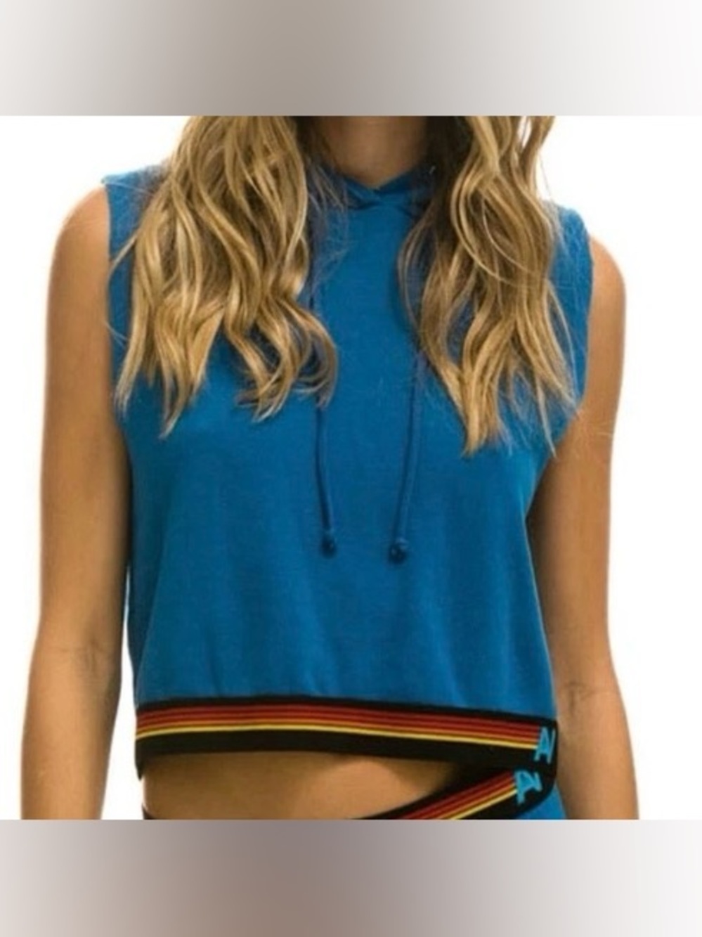 AVIATOR NATION LOGO STRIPE SLEEVELESS CROP PULLOVER HOODIE - CARIBBEAN BLUE XS